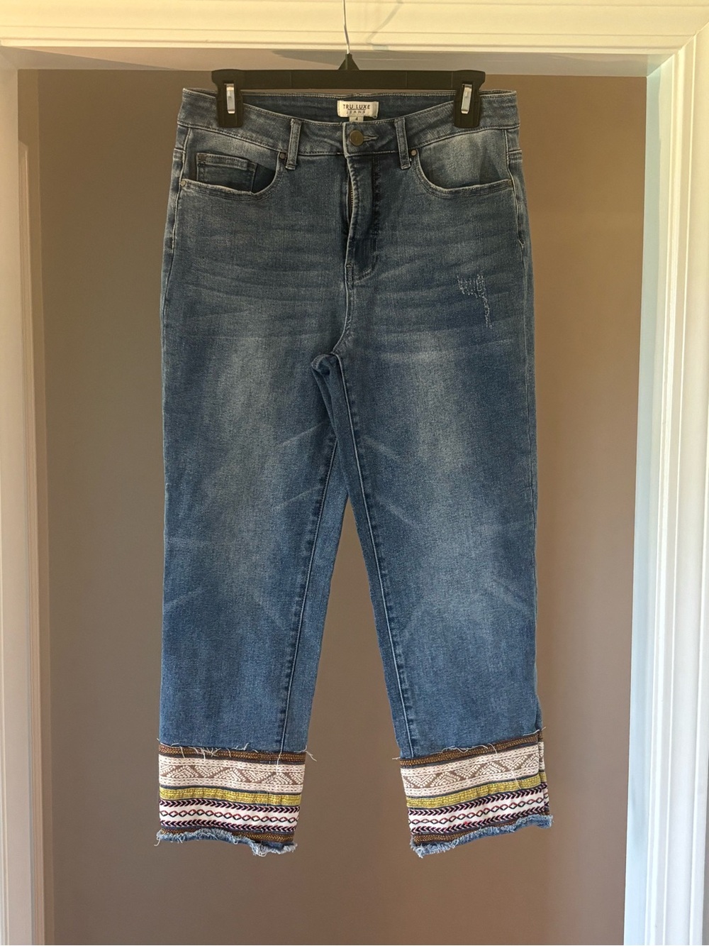 Tru Luxe Jeans Blue Denim Ankle Jeans with Embellished Cuffs